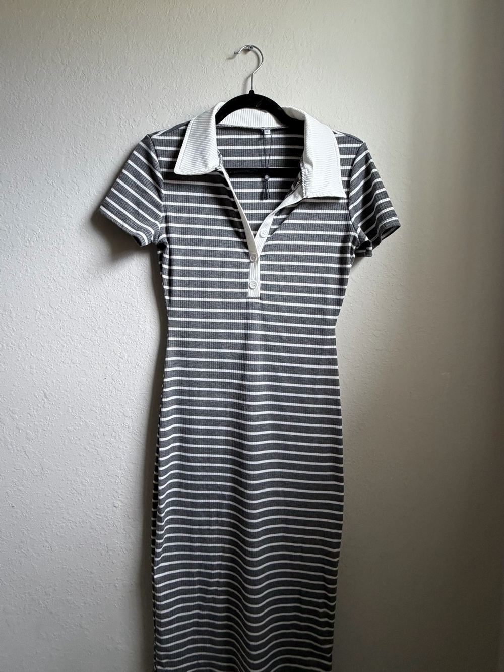 Striped Polo Midi Dress in Gray and White